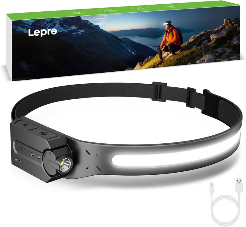 Lepro Headlamp - Super Bright LED Head Lamp Rechargeable with 230°Wide Beam, Adjustable Spotlight, Motion Sensor, 5 Modes, Waterproof Lightweight Headlight Flashlight for Camping Running - Image 1